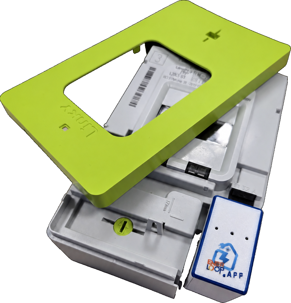 SmartDongle ENERLOOP installé sur un compteur Linky, photo détourée