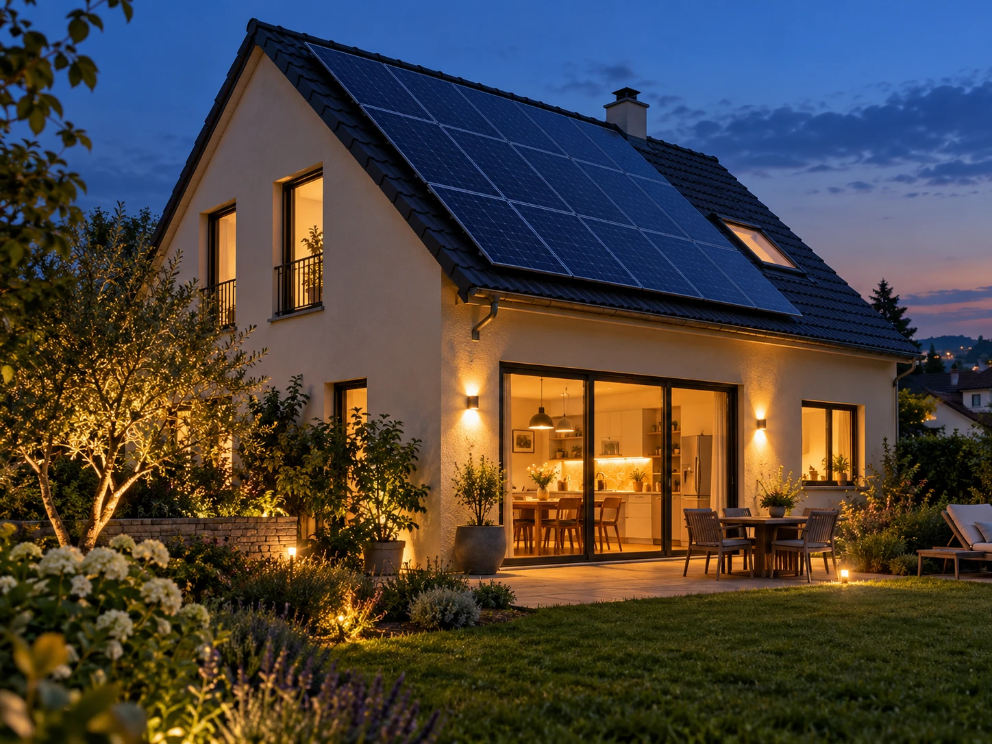 Maison avec panneaux solaires, éclairée à la tombée du jour